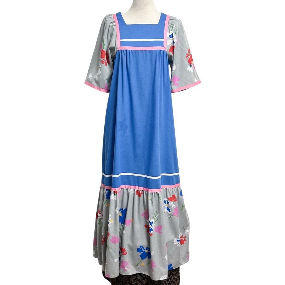 Carol Bennett Vintage Blue Grey Pink Floral 1/2 Puff Sleeve Long Mumu Medium